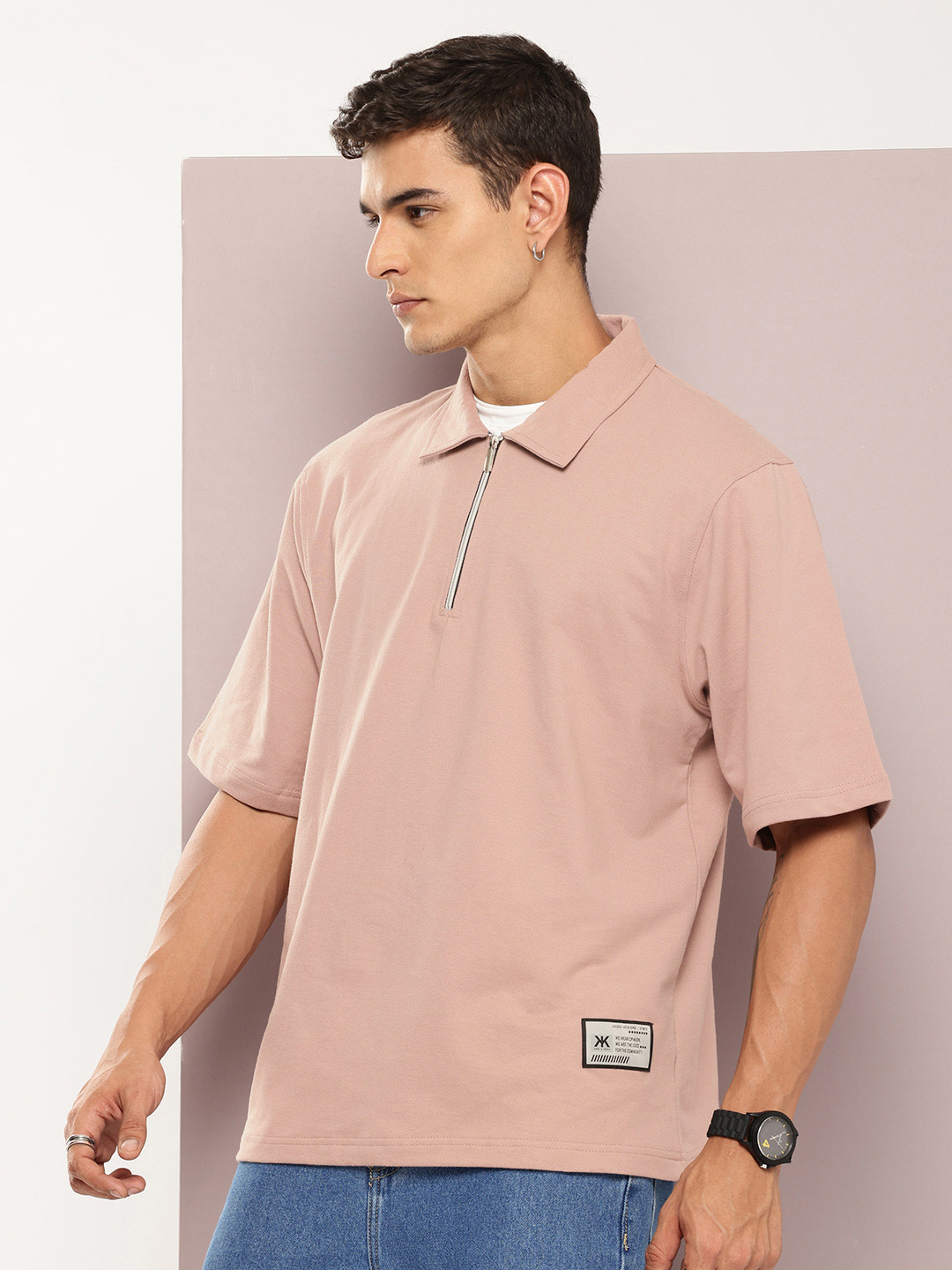 

Kook N Keech Half-Zip Polo Collar Relaxed Fit T-Shirt, Rose gold
