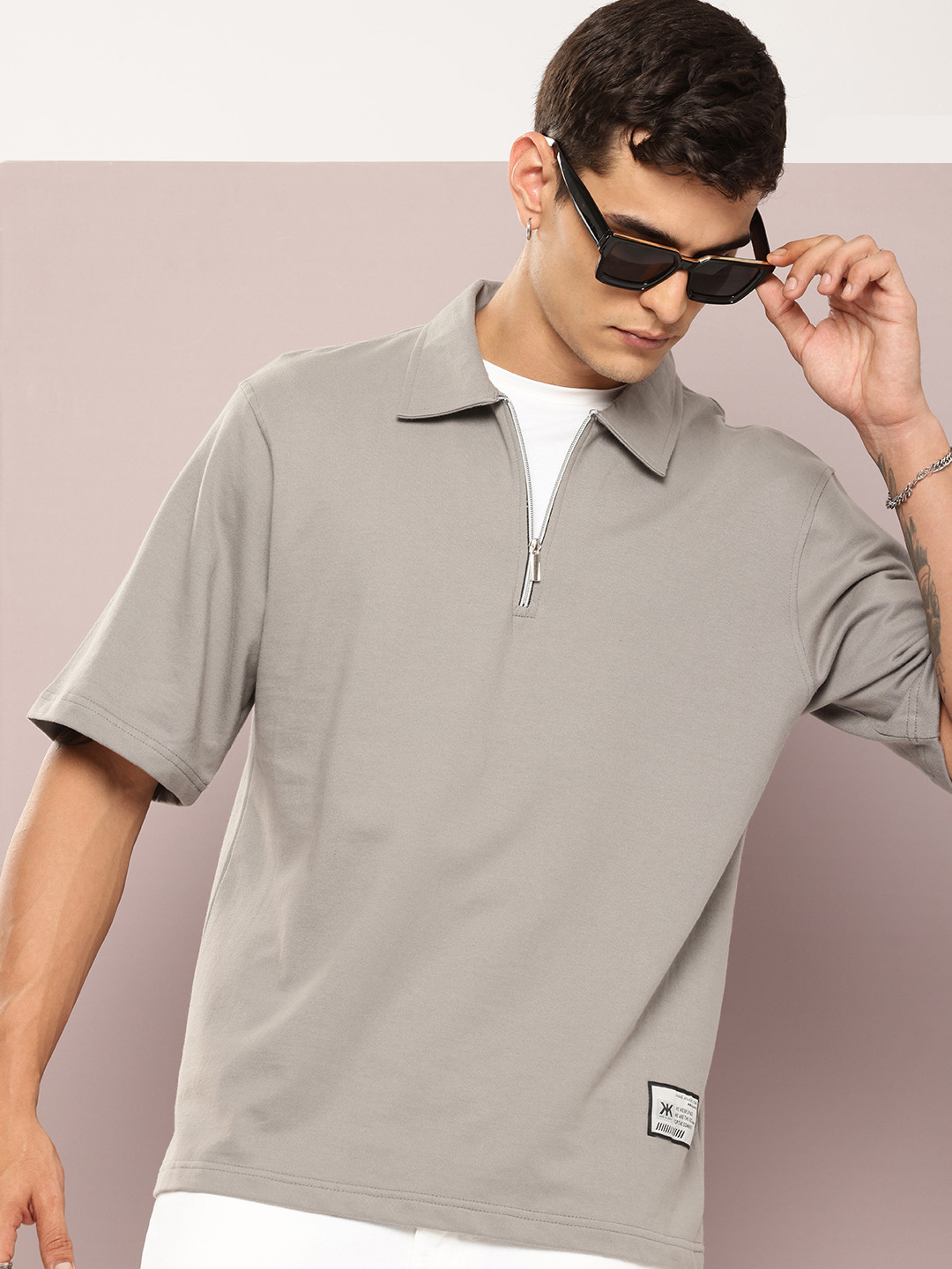 

Kook N Keech Half-Zip Polo Collar Relaxed Fit Pure Cotton T-Shirt, Grey