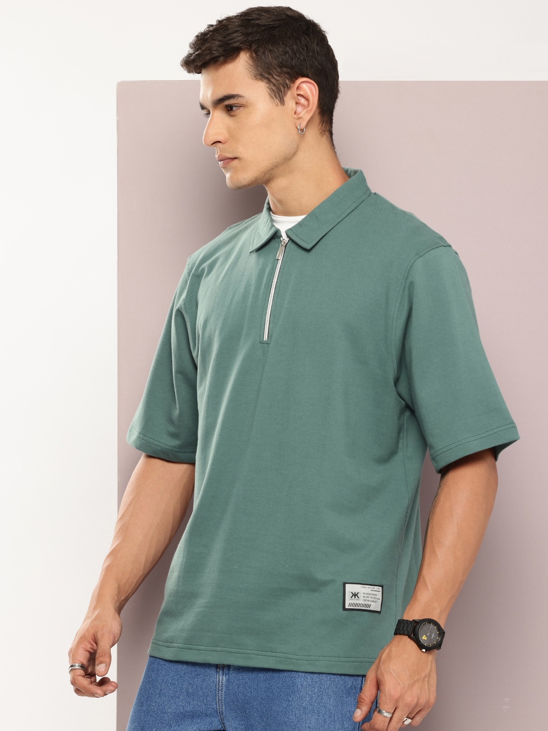 

Kook N Keech Half-Zip Polo Collar Relaxed Fit T-shirt, Sea green