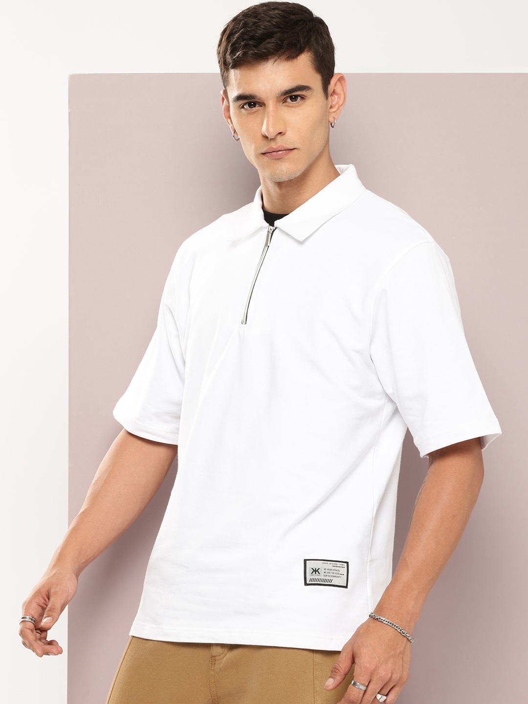 

Kook N Keech Half-Zip Polo Collar Relaxed Fit Pure Cotton T-shirt, White