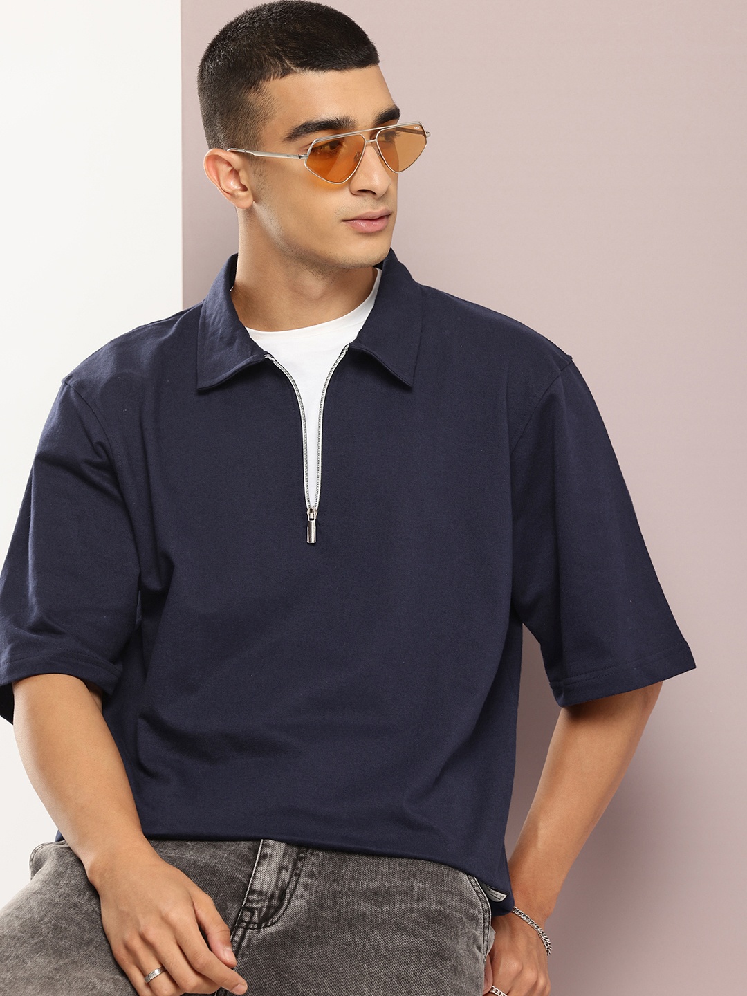 

Kook N Keech Half-Zip Polo Collar Drop Sleeve Relaxed Fit T-shirt, Navy blue