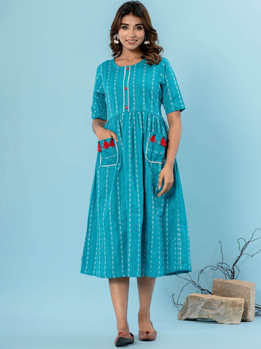 

DIZON Women Geometric Printed Cotton A-Line Ethnic Dress, Blue
