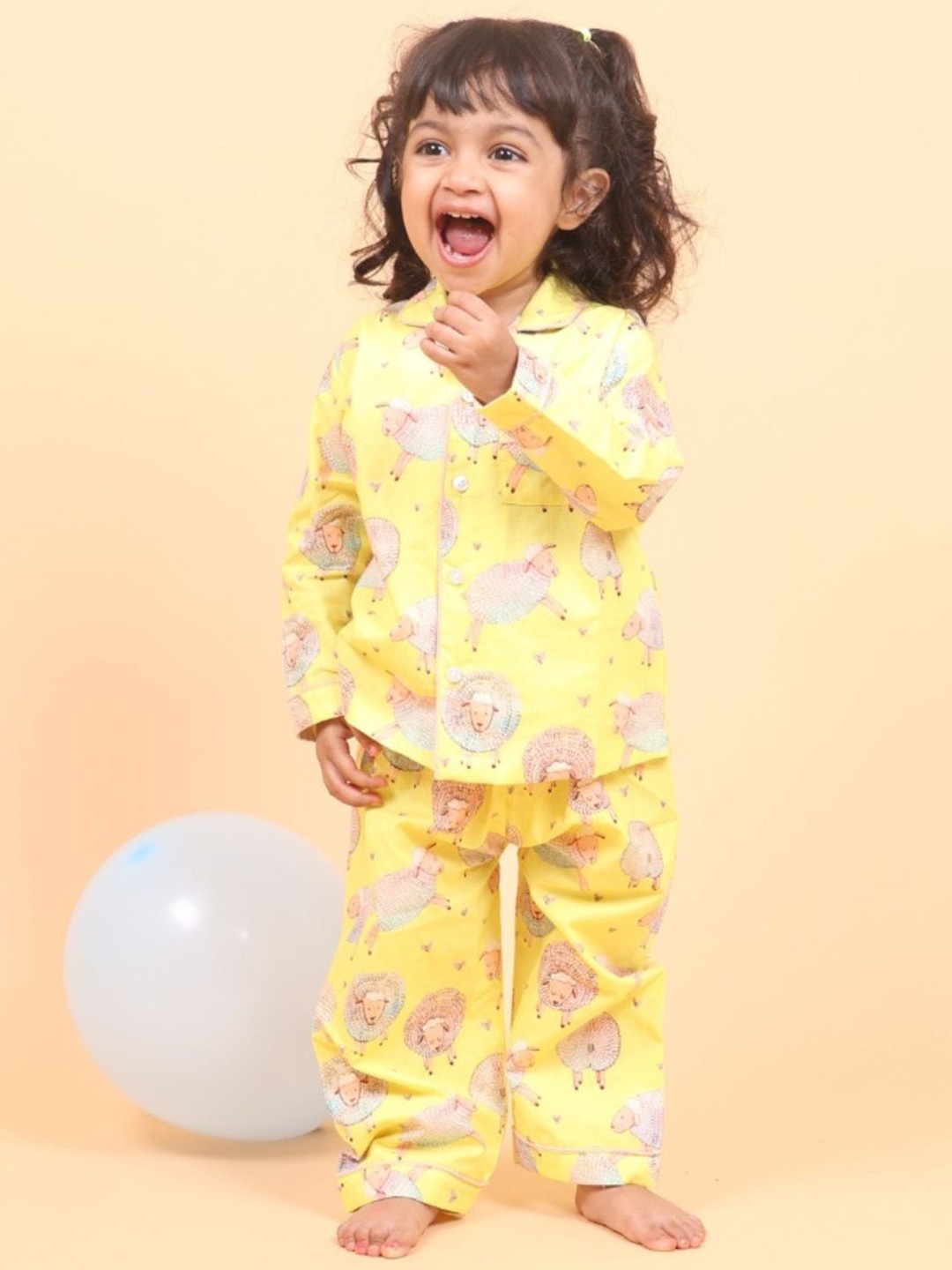 

MAMA AND PEACHES Kids Printed Lapel Collar Top with Pyjamas Night Suits, Yellow