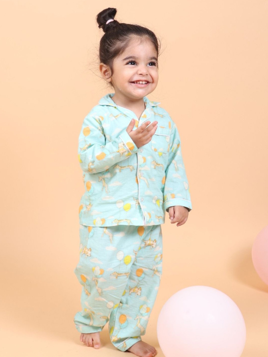 

MAMA AND PEACHES Kids Printed Pure Cotton Top with Pyjamas Night Suits, Green