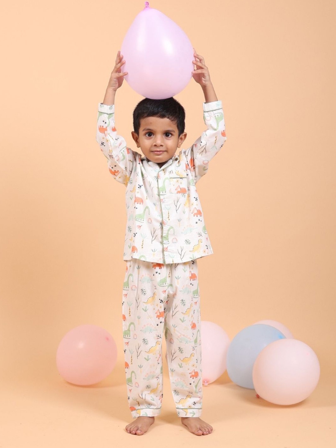 

MAMA AND PEACHES Kids Printed Pure Cotton Shirt & Pyjamas Night Suits, White