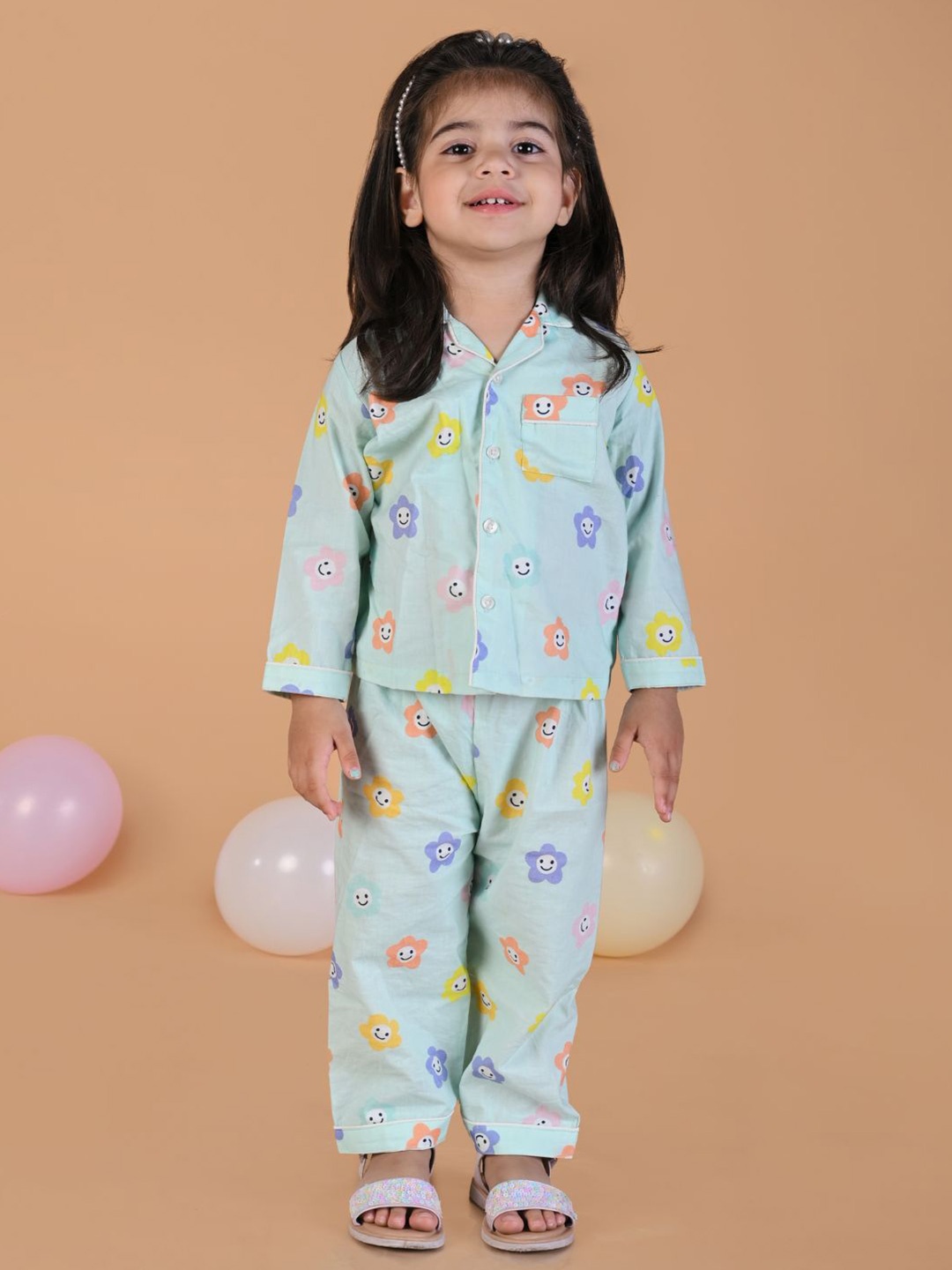 

MAMA AND PEACHES Kids Graphic Printed Notched Lapel Collar Pure Cotton Shirt & Pyjamas, Blue