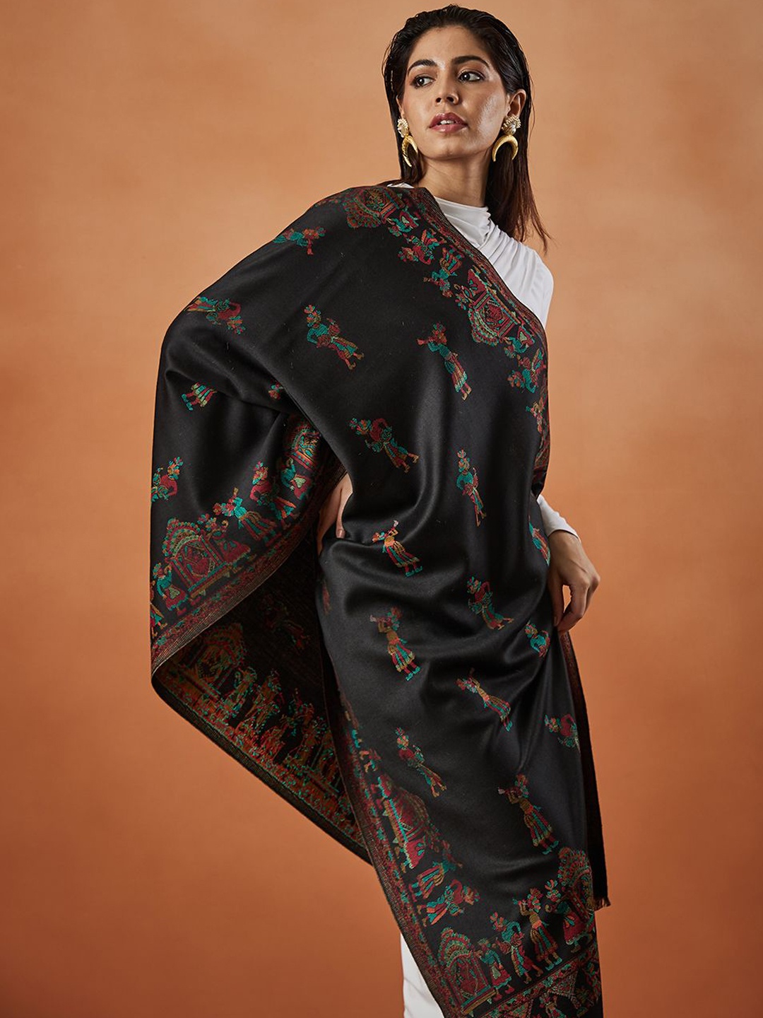 

Pashmoda Pari Mahal Kaan Ethnic Motifs Woven Design Shawl, Black