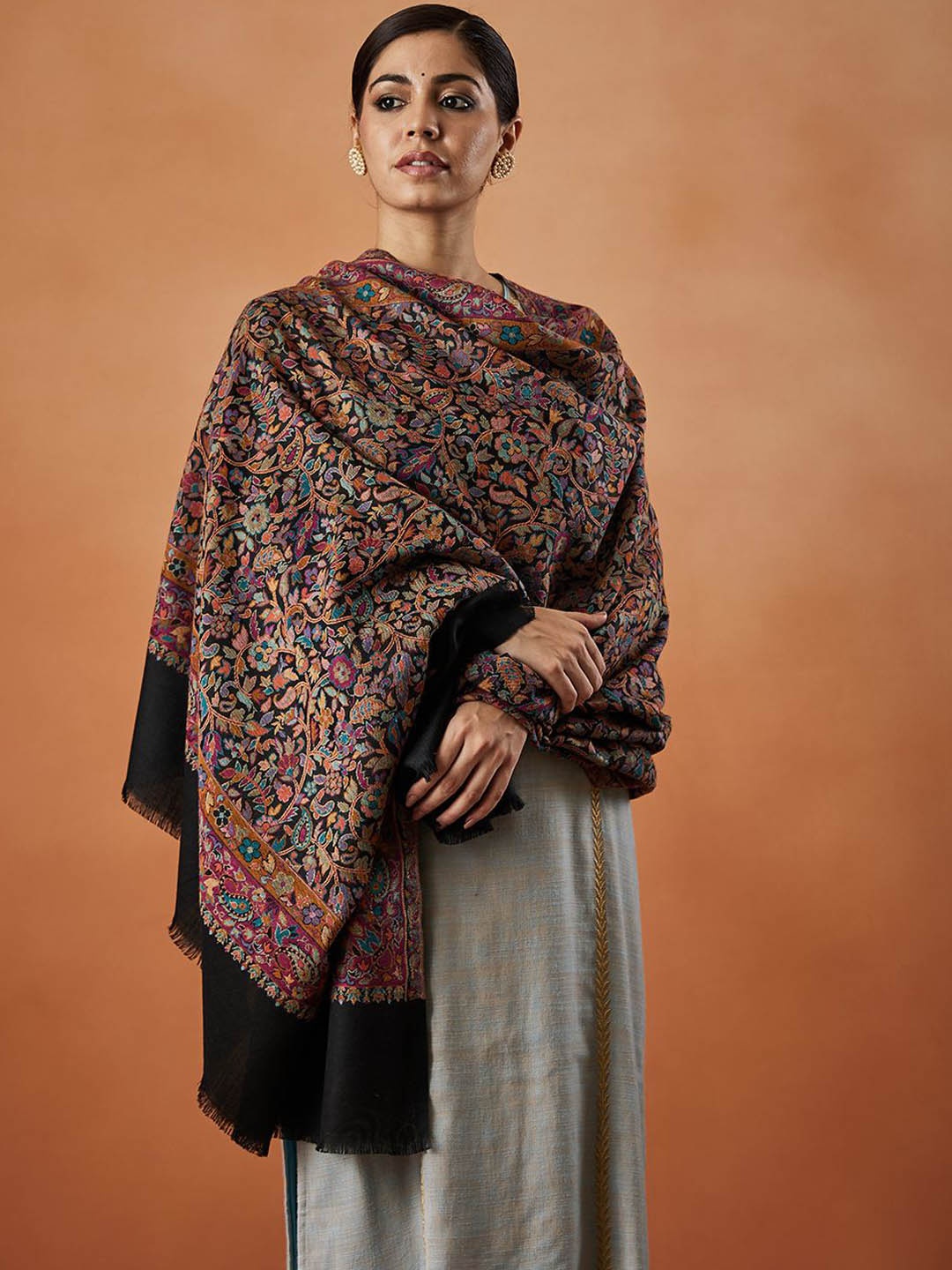 

Pashmoda Floral Woven Design Fringed Shawl, Black