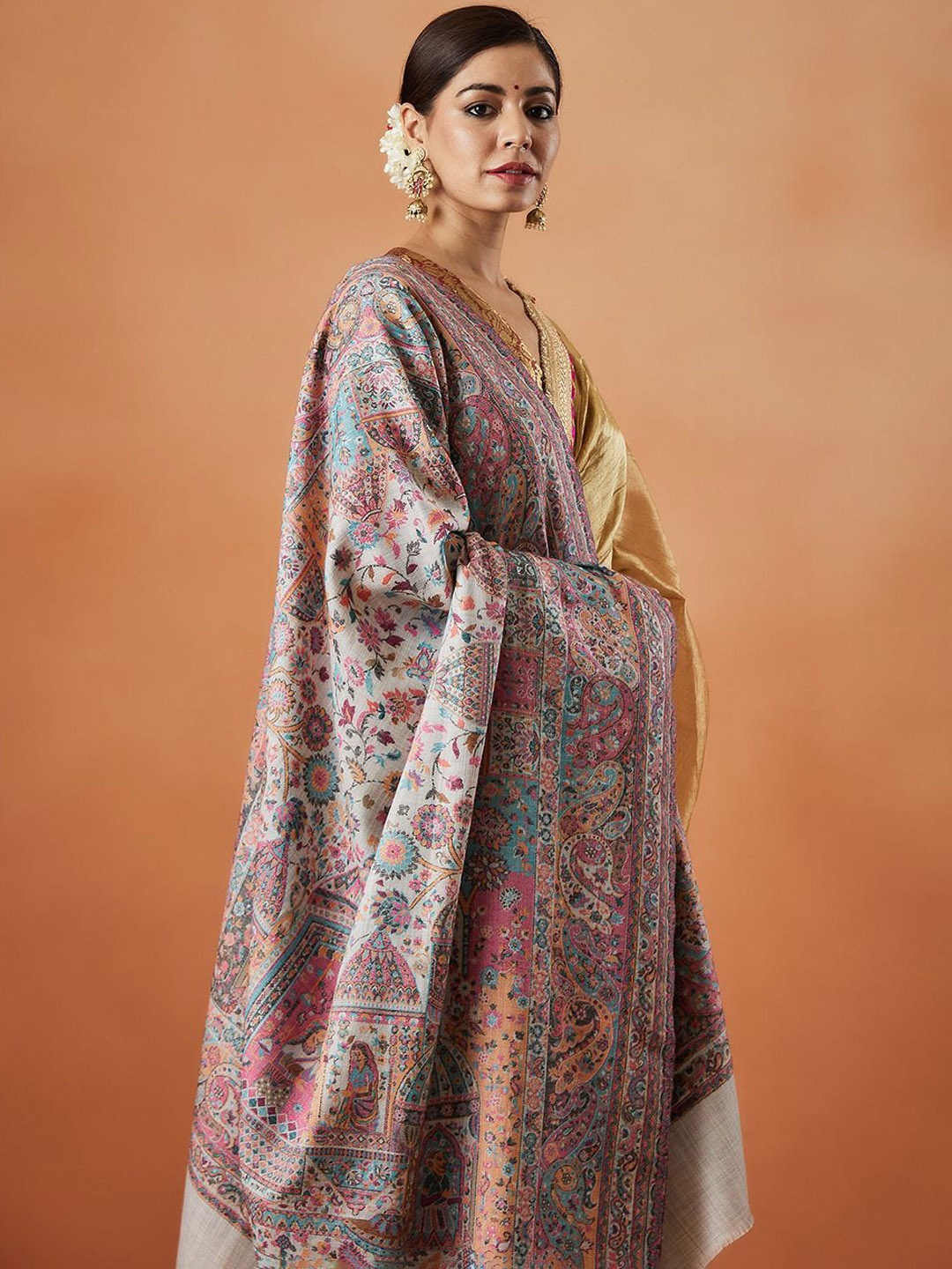 

Pashmoda Chandrika Kaani Floral Woven Design Shawl, Grey