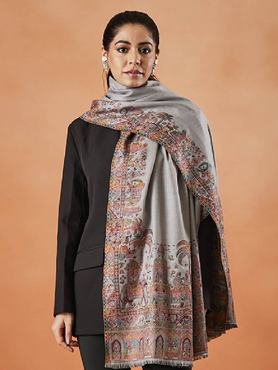 

Pashmoda Rajwada Paisley Woven Design Shawl, Grey