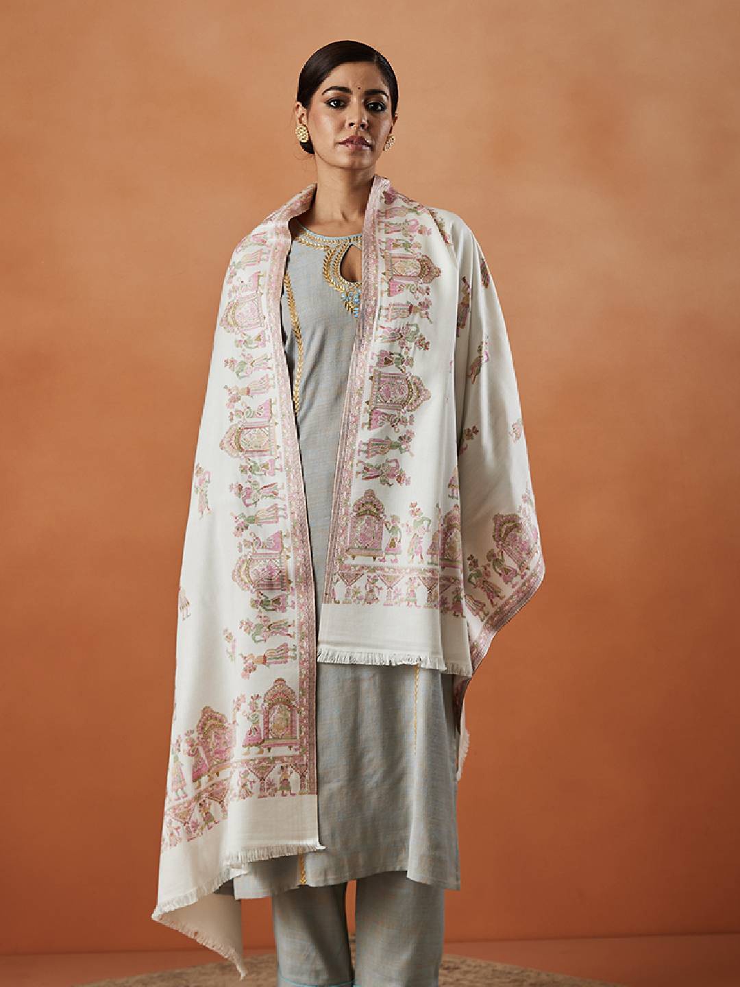 

Pashmoda Pari Mahal Kaani Ethnic Motifs Woven Design Shawl, White