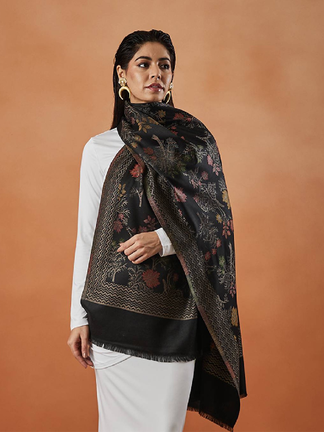 

Pashmoda Floral Woven Design Fringed Shawl, Black