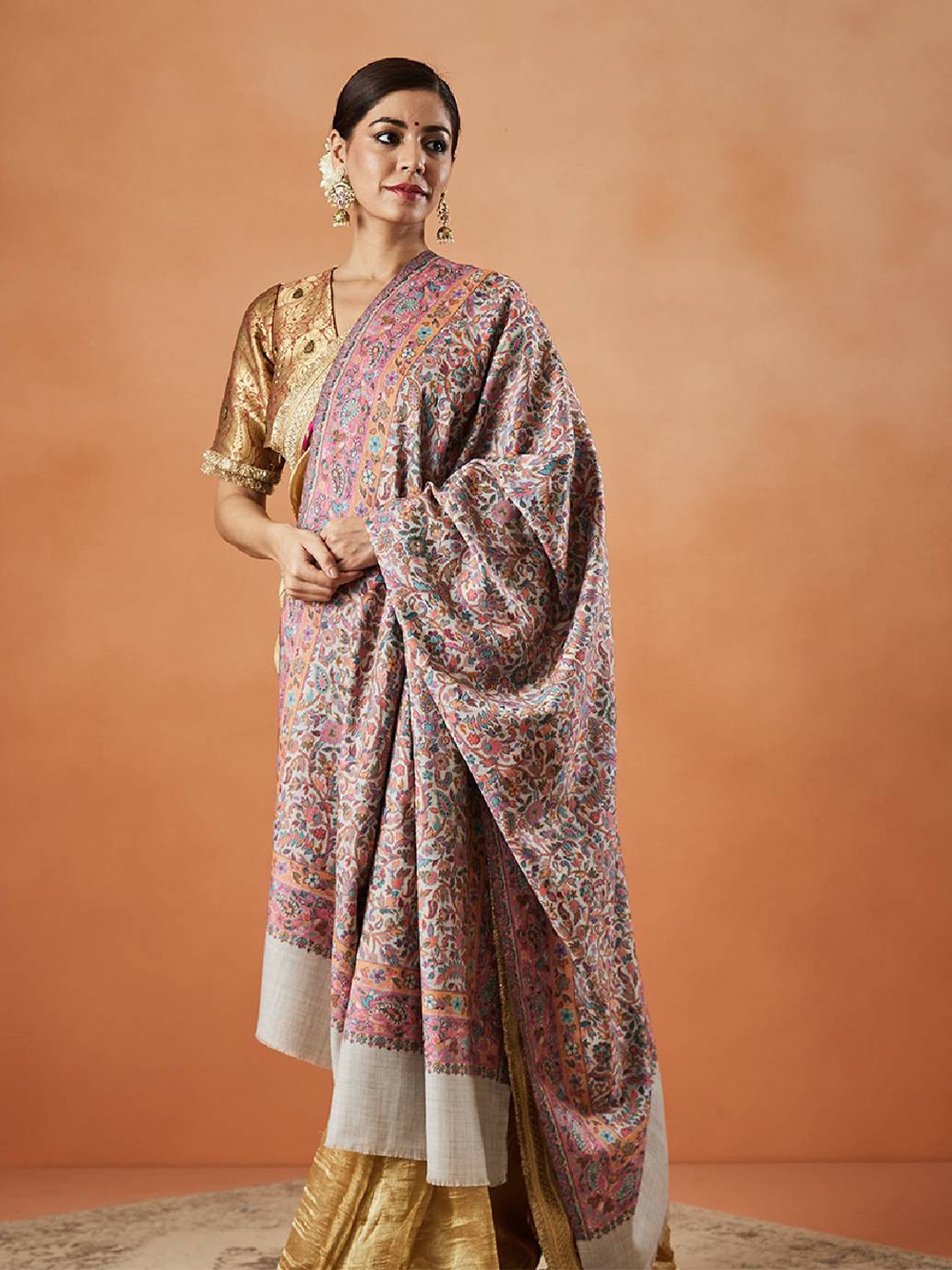 

Pashmoda Floral Woven Design Fringed Shawl, Grey
