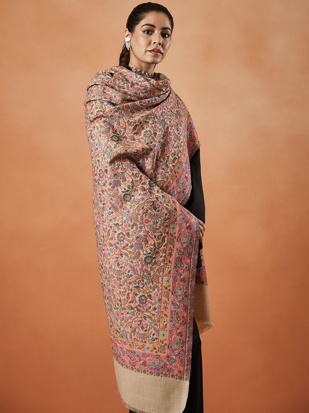 

Pashmoda Gulzar Kaani Floral Woven Design Shawl, Beige