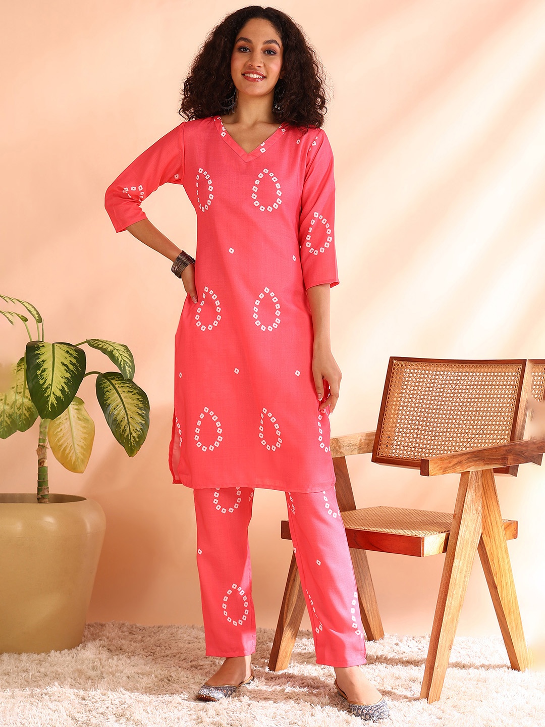 

V TRADITION Bandhani Printed Regular Pure Cotton Kurta With Trousers, Pink