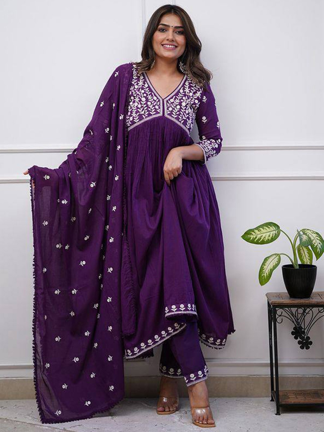 

Lilots Floral Embroidered Empire Anarkali Kurta with Trousers & Dupatta, Purple