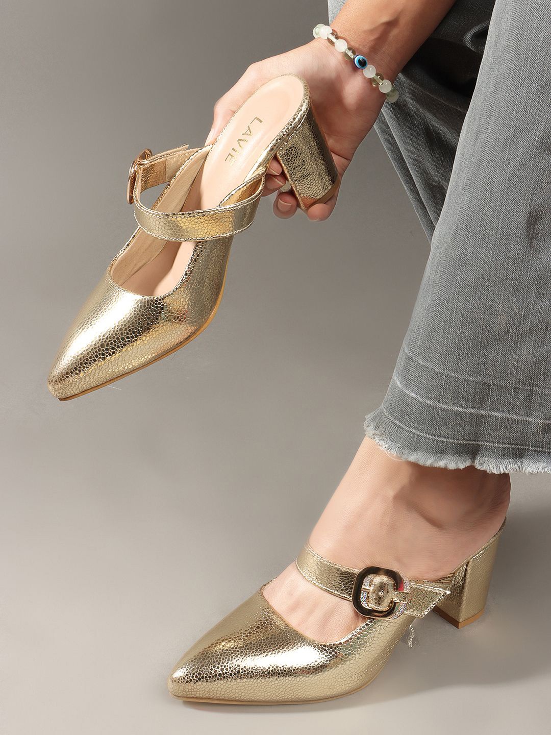

Lavie Embellished Party Block Pumps with Buckles, Gold