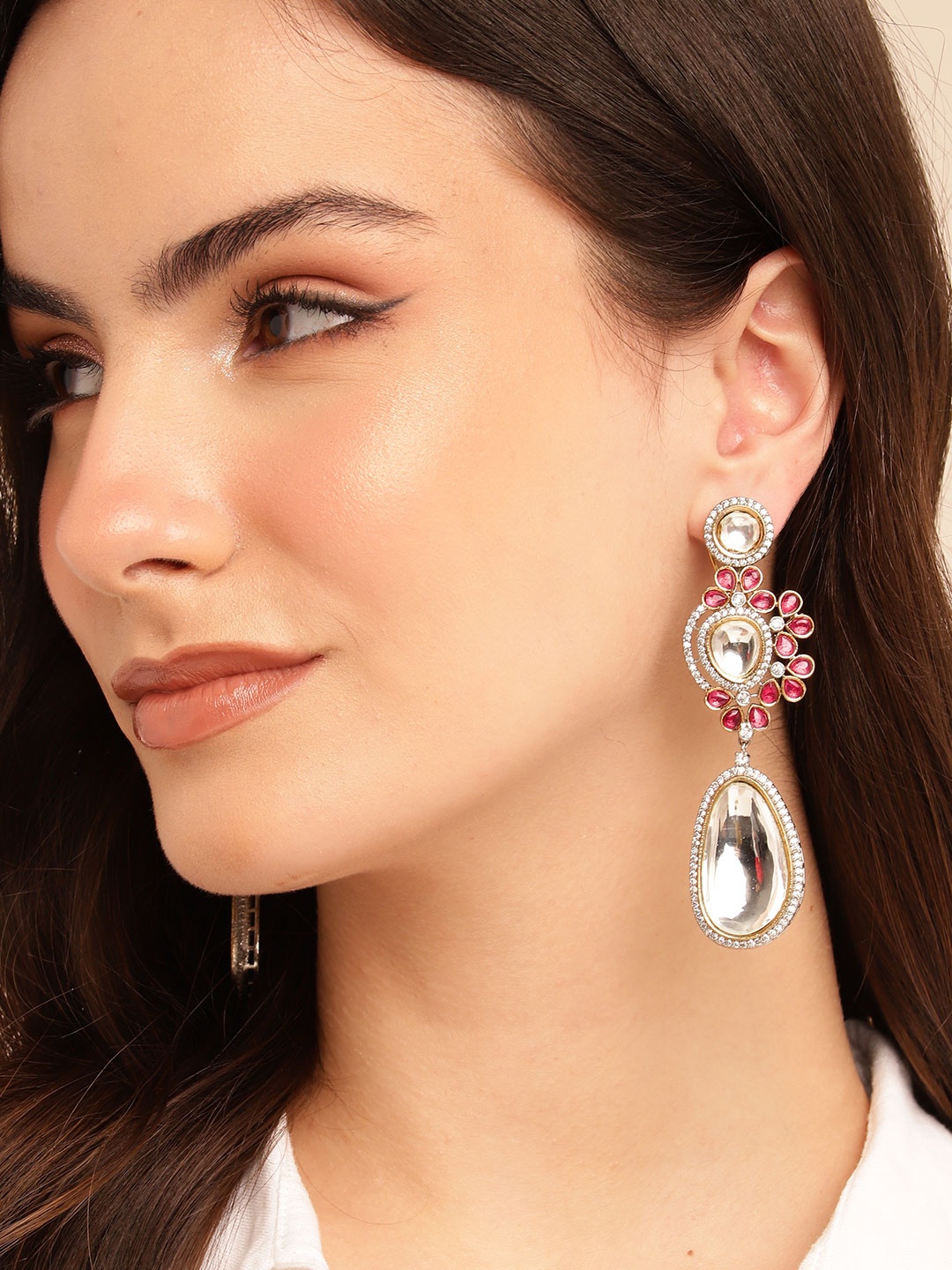 

Anouk Classic Silver-Plated American Diamond Chandelier Drop Earrings, Pink