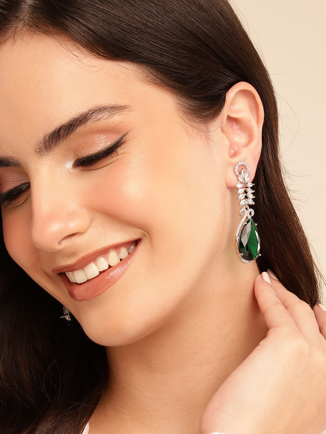 

Anouk Classic Silver-Plated American Diamond Chandelier Drop Earrings, Green