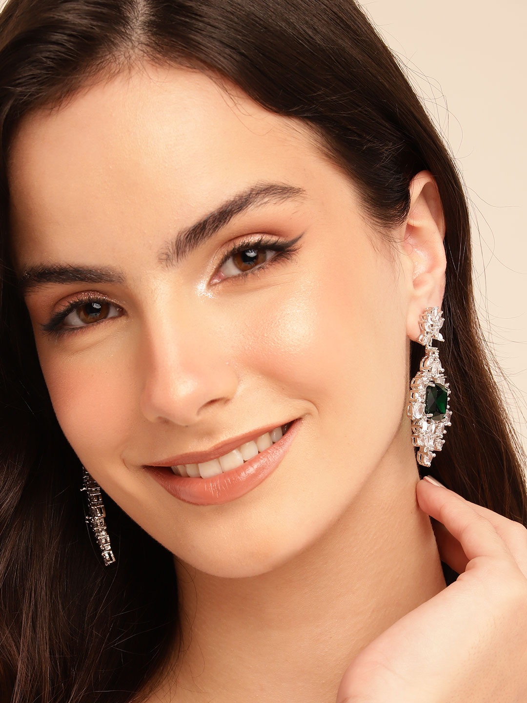 

Anouk Classic Silver-Plated American Diamond Chandelier Drop Earrings, Green