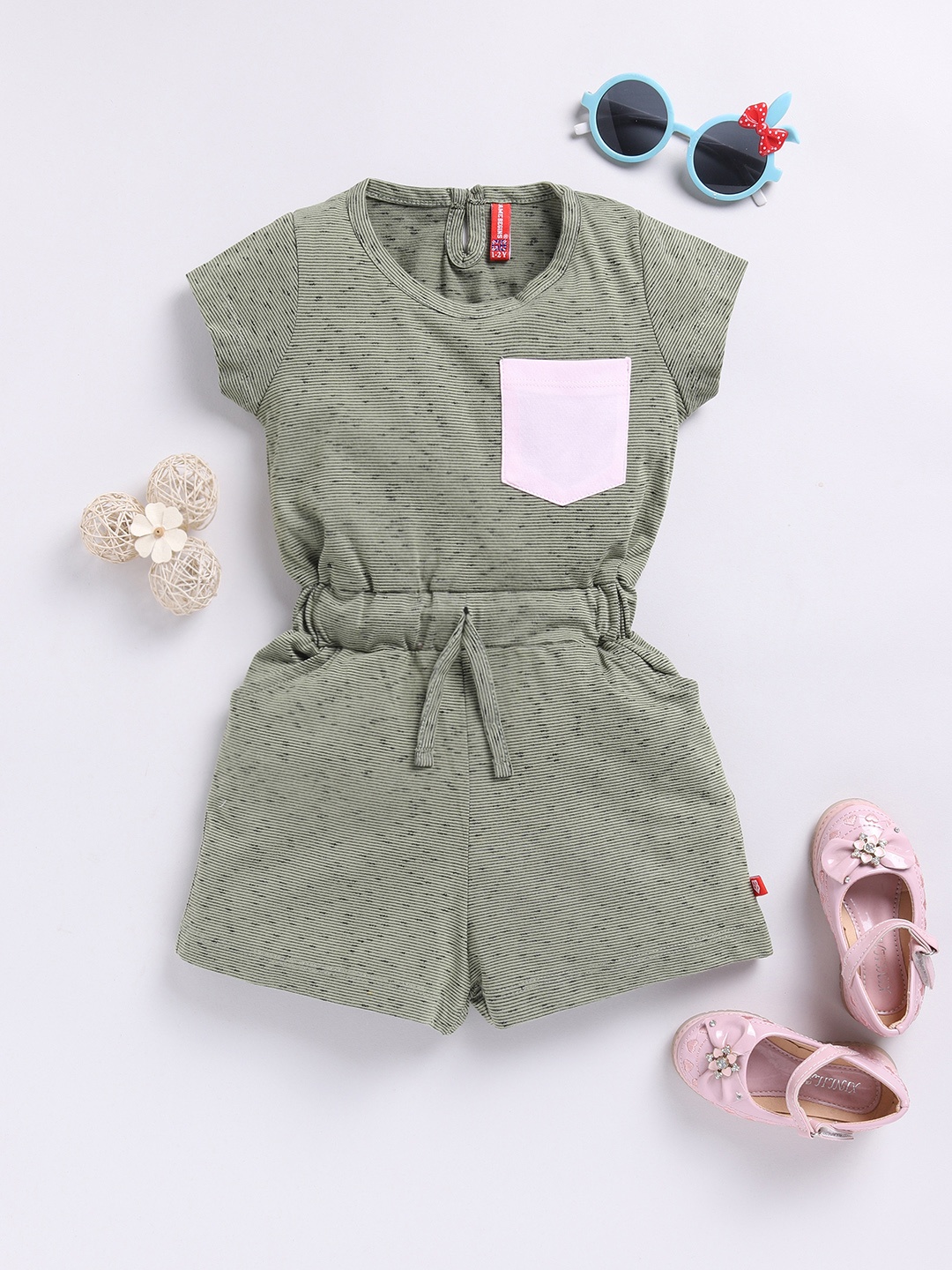 

Here&Now X Game Begins Girls Striped Pure Cotton Playsuit, Olive