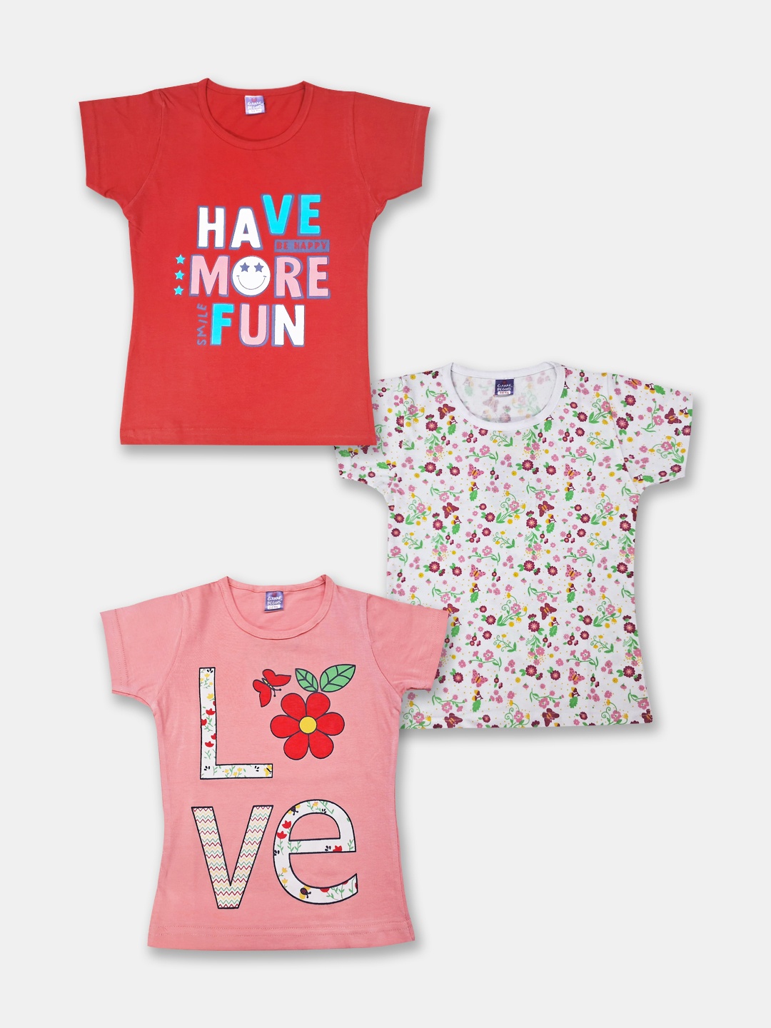 

Here&Now X Game Begins Girls Pack of 3 Printed Pure Cotton T-shirts, Red