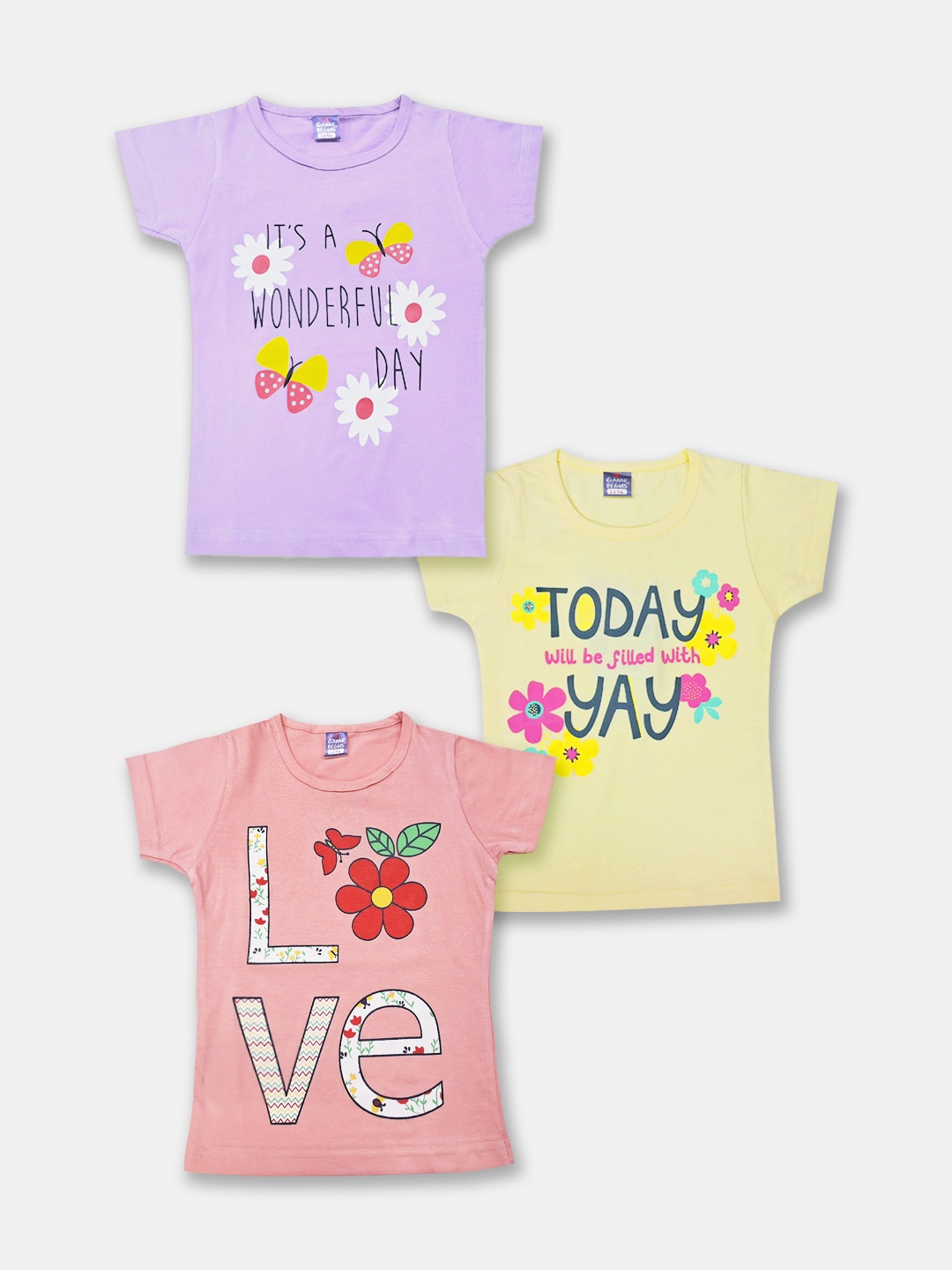 Here&Now X Game Begins Girls Pack Of 3 Printed Pure Cotton T-Shirts, Peach
