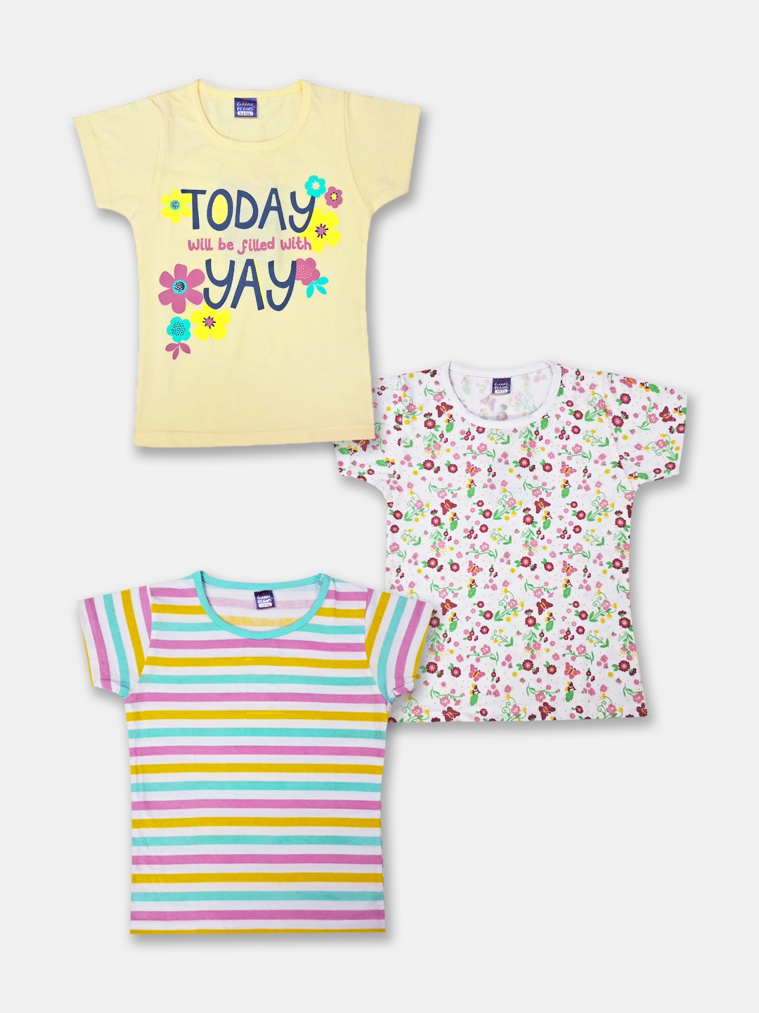 

Here&Now X Game Begins Girls Pack of 3 Printed Pure Cotton T-shirts, Yellow