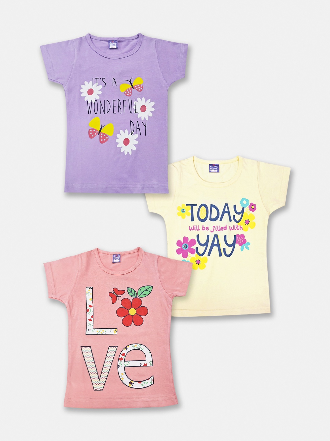 

Here&Now X Game Begins Girls Pack Of 3 Printed Pure Cotton T-Shirts, Peach
