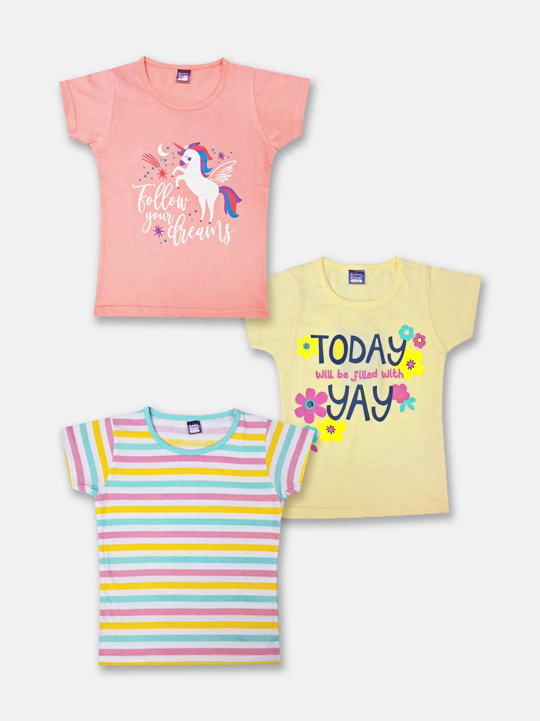 Here&Now X Game Begins Girls Pack of 3 Printed Pure Cotton T-shirts, Peach
