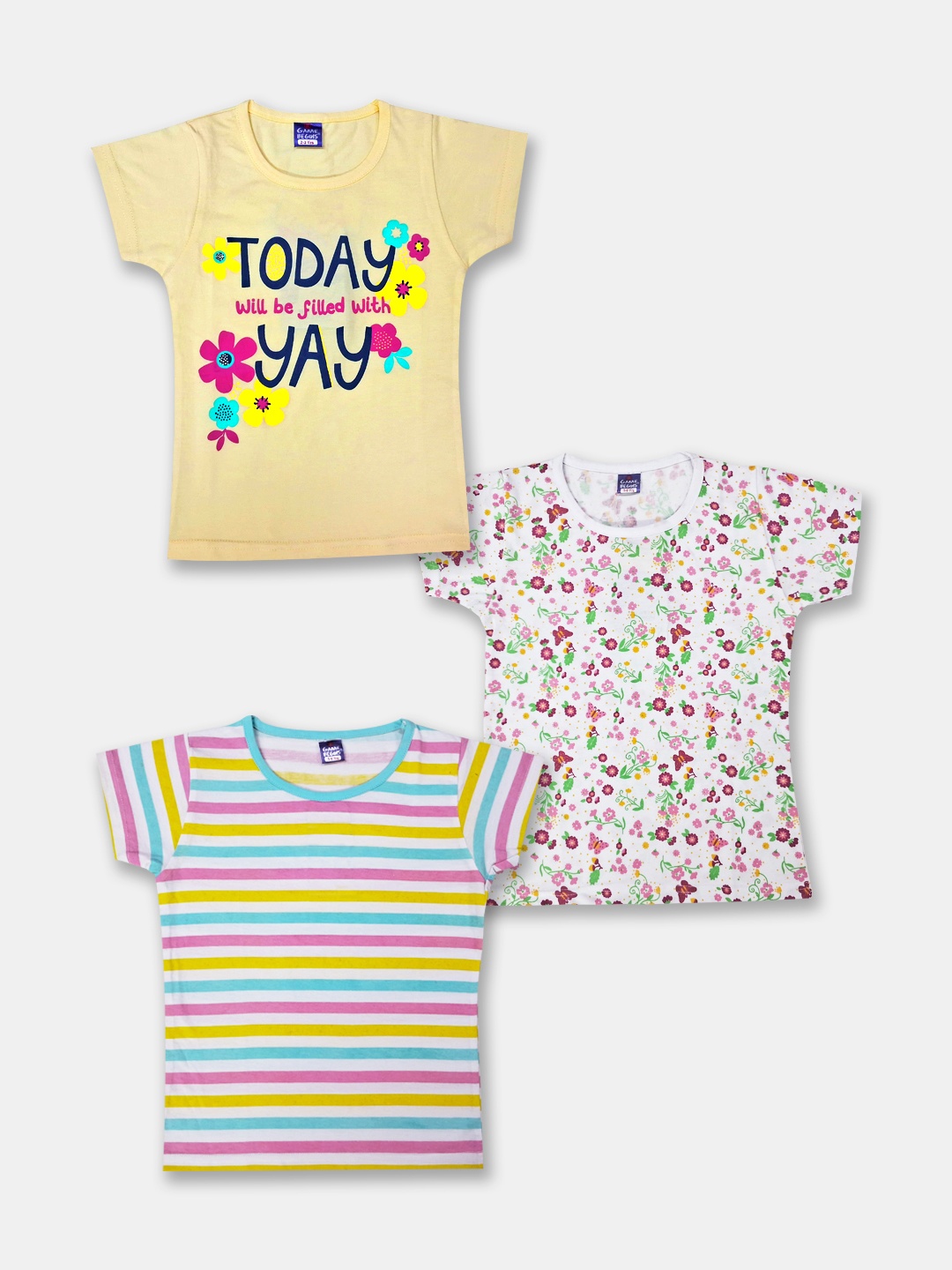 

Here&Now X Game Begins Girls Pack of 3 Printed Pure Cotton T-shirts, Yellow