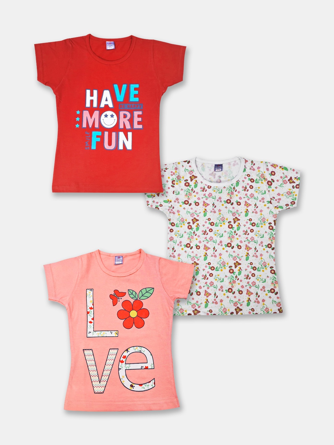 

Here&Now X Game Begins Girls Pack of 3 Printed Pure Cotton T-shirts, Red