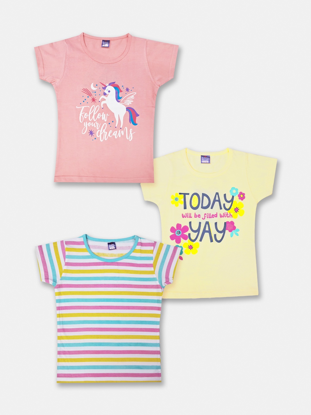 

Here&Now X Game Begins Girls Pack Of 3 Printed Pure Cotton T-Shirts, Peach