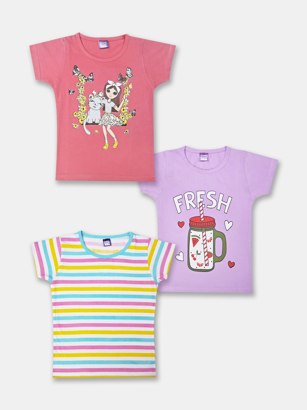 

Here&Now X Game Begins Girls Pack Of 3 Printed Pure Cotton T-Shirts, Pink