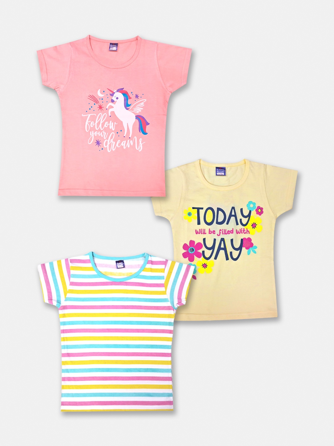 

Here&Now X Game Begins Girls Pack Of 3 Printed Pure Cotton T-Shirts, Peach