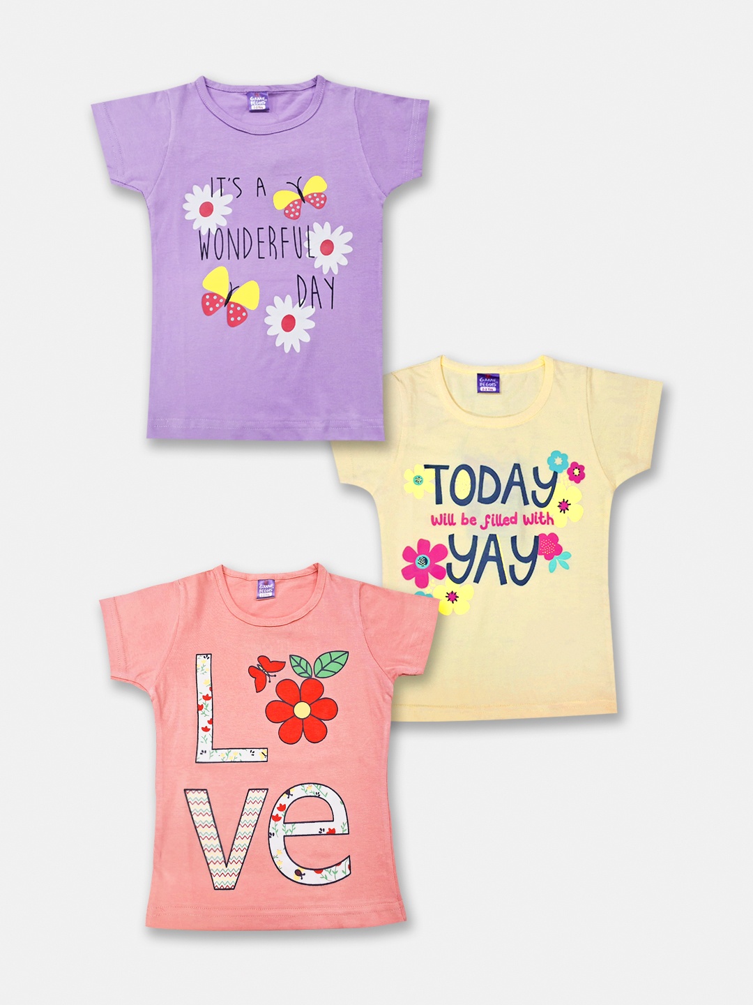 

Here&Now X Game Begins Girls Pack Of 3 Printed Pure Cotton T-Shirts, Peach