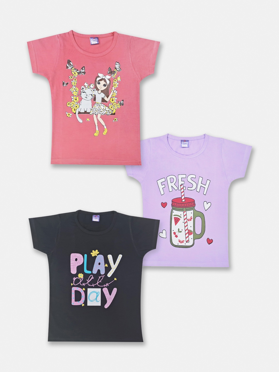 

Here&Now X Game Begins Girls Pack Of 3 Printed Pure Cotton T-Shirts, Black