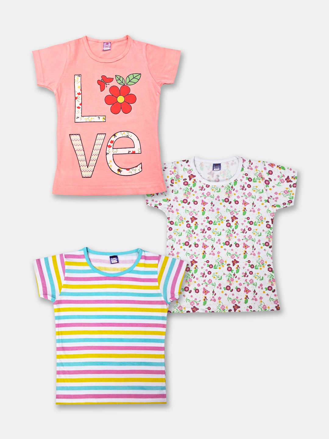 

Here&Now X Game Begins Girls Pack of 3 Printed Pure Cotton T-shirts, Peach