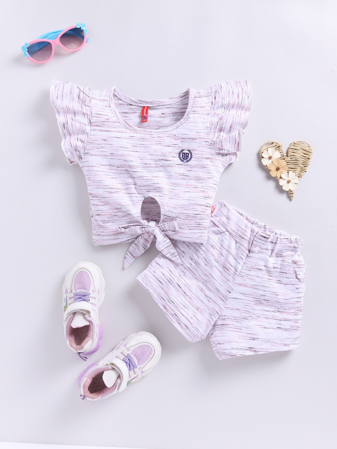 

Here&Now X Game Begins Girls Striped Knot Top with Shorts, Off white