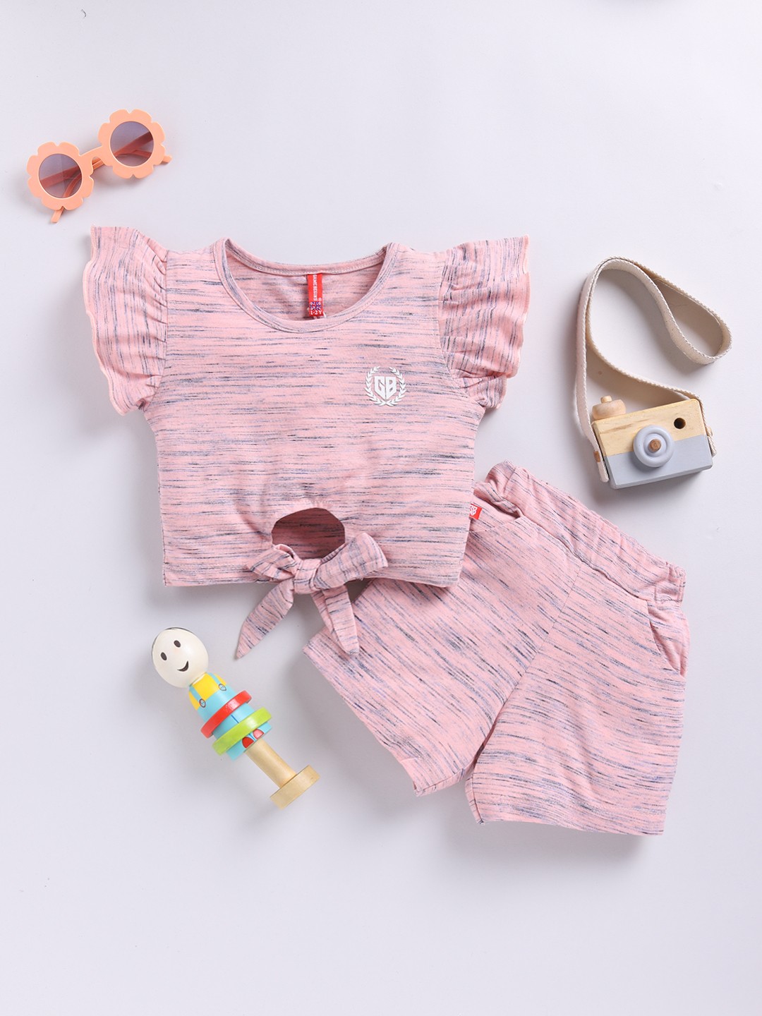

Here&Now X Game Begins Girls Striped Knot Top with Shorts, Peach