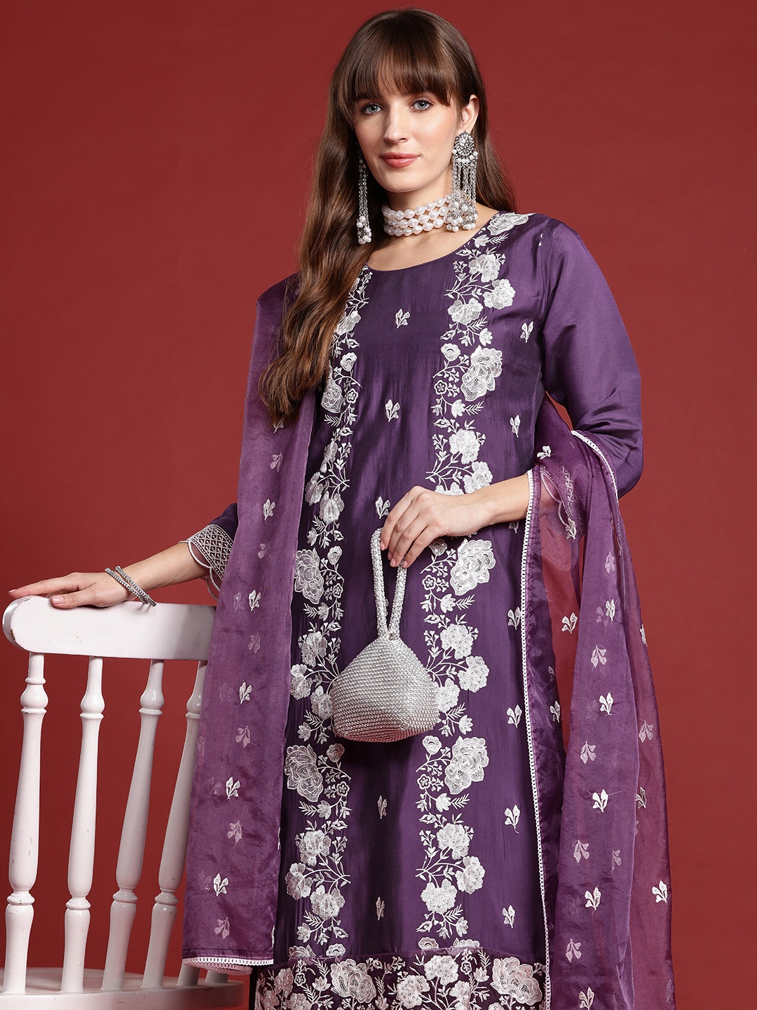 

Indo Era Floral Embroidered Thread Work Kurta With Trousers & Dupatta, Purple