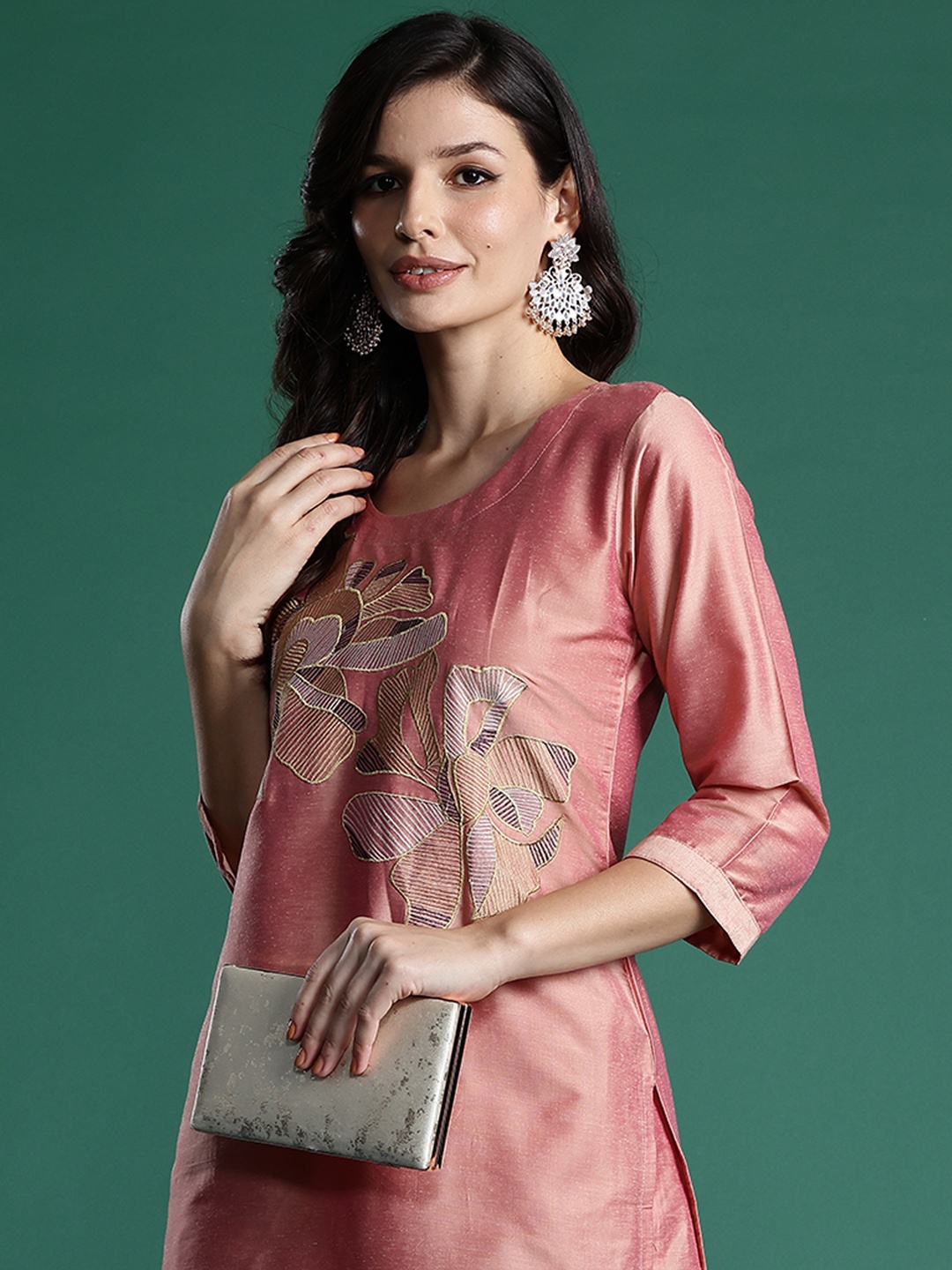 

Indo Era Floral Embroidered Thread Work Kurta with Trousers, Peach