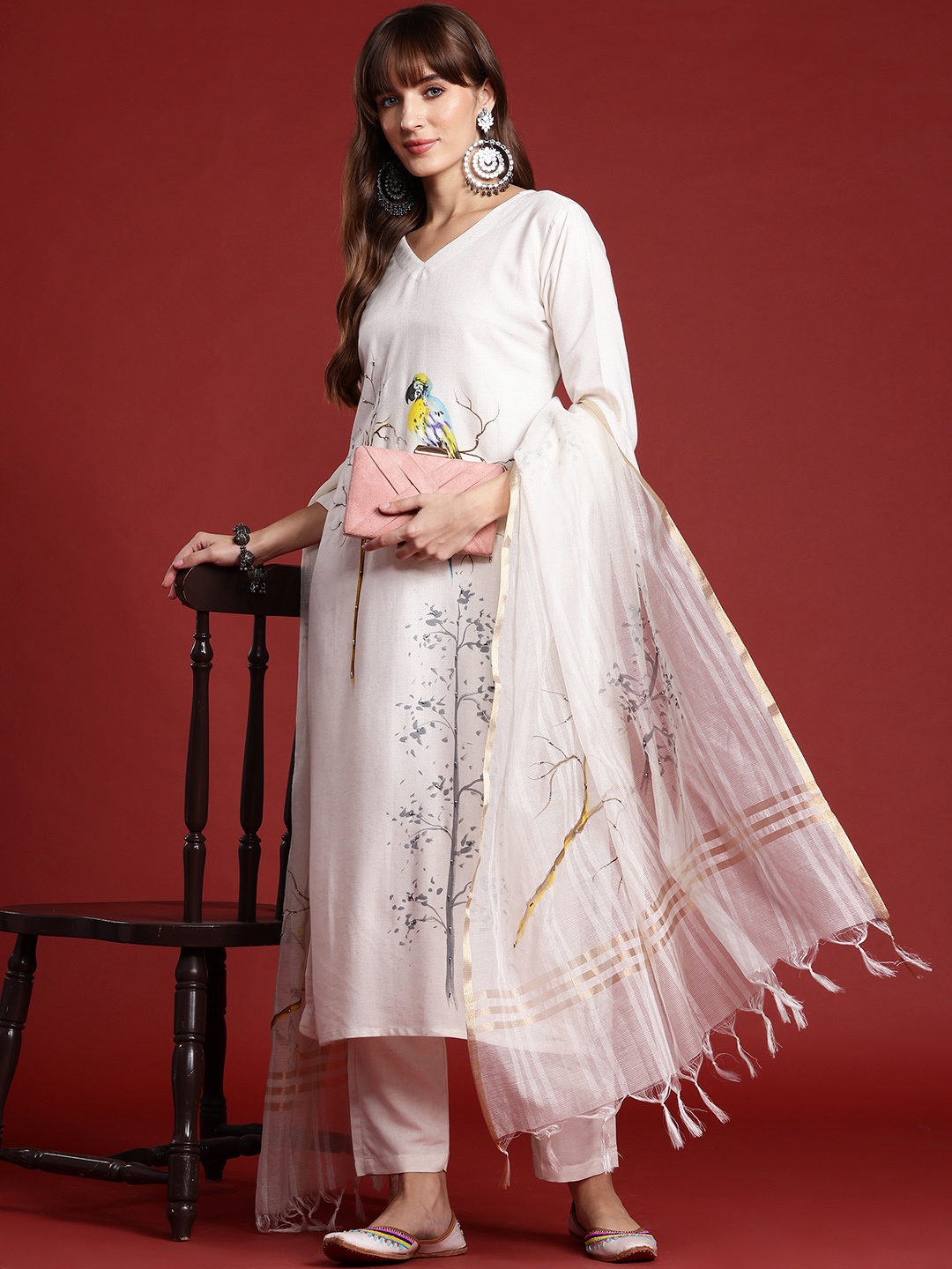 

Indo Era Embroidered Beads and Stones Kurta with Trousers & With Dupatta, Off white