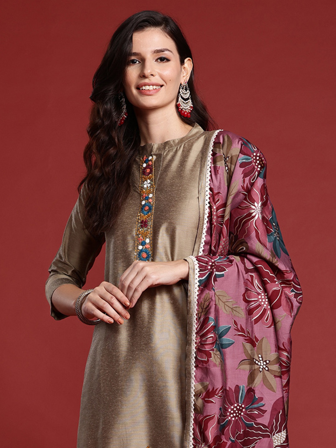 

Indo Era Floral Embroidered Thread Work Kurta with Trousers & With Dupatta, Beige