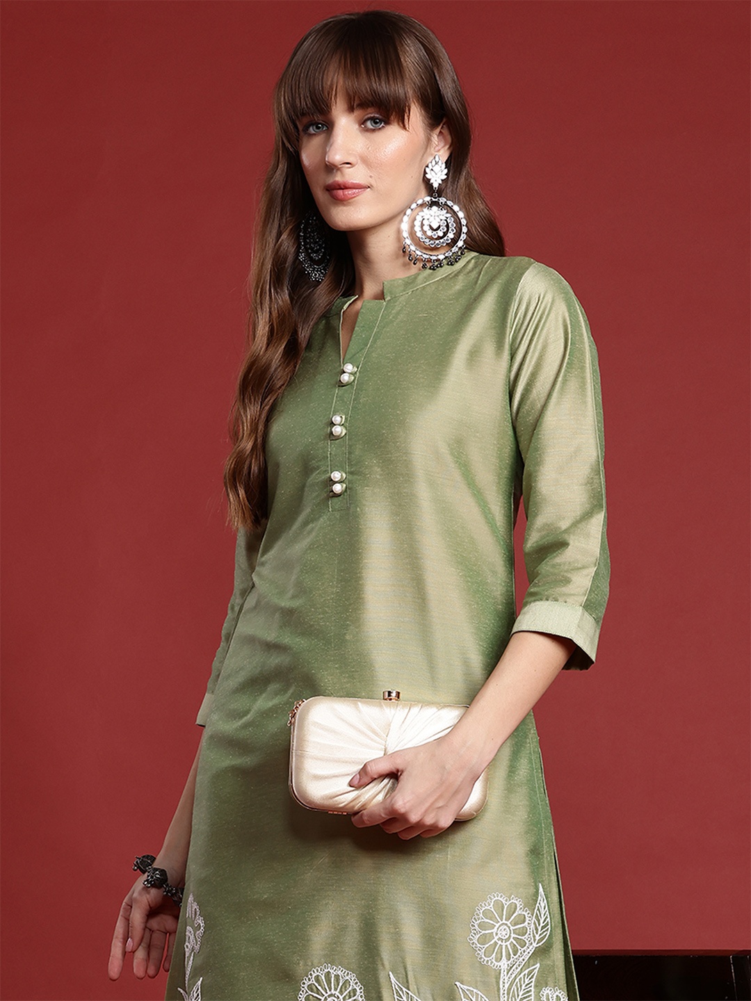 Indo Era Floral Embroidered Thread Work Kurta with Trousers, Olive