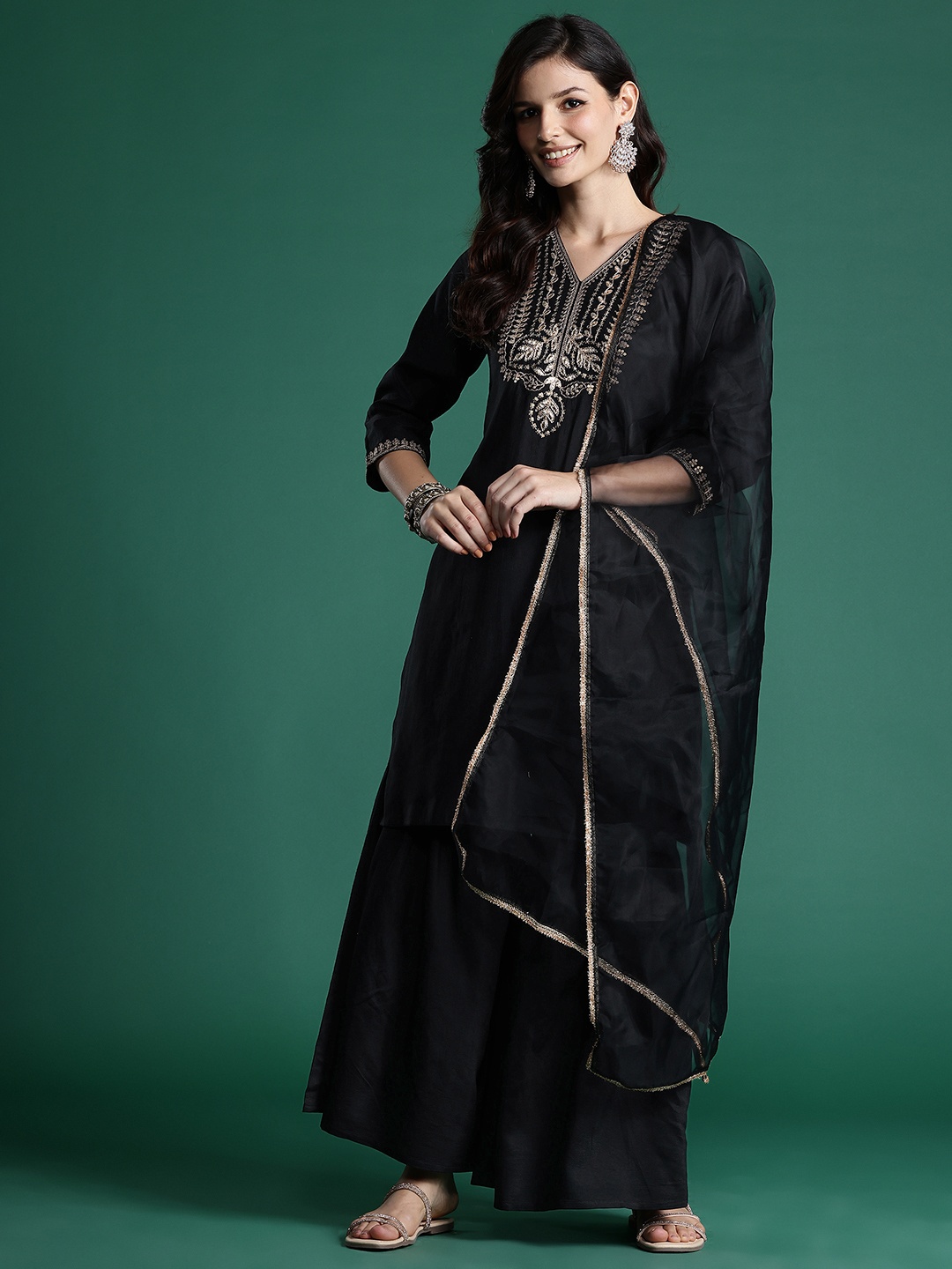 

Indo Era Ethnic Motifs Zari Embroidered Liva Kurta With Sharara & Dupatta, Black