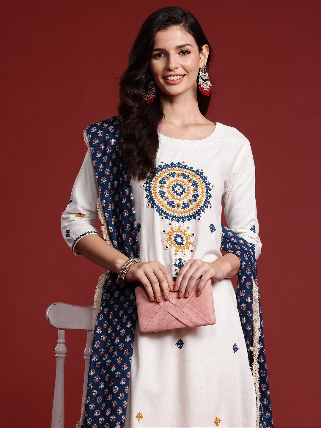 Indo Era Ethnic Motifs Embroidered Mirror Work Kurta with Trousers & Dupatta, Off white