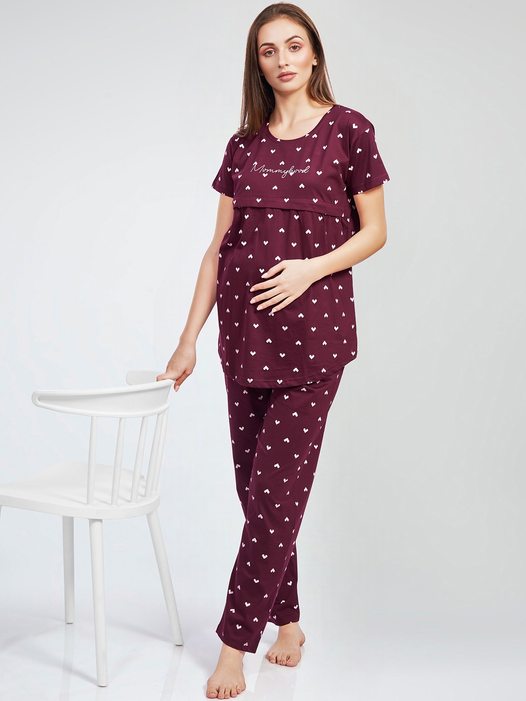 

PASTEL CLIP Women Geometric Printed Night suit, Maroon