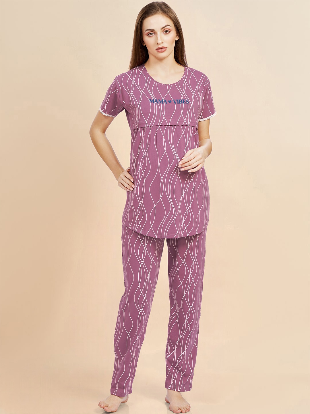 

PASTEL CLIP Women Printed Pure Cotton Maternity Night suit, Pink