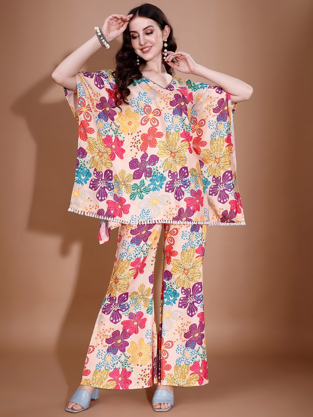 

FAB GALAXY Floral Printed Top With Palazzo, Beige